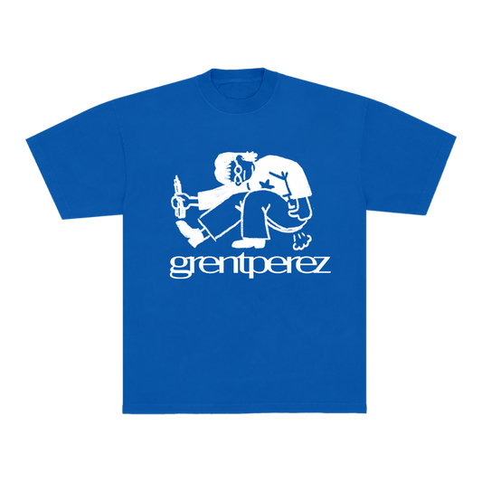 Blue t-shirt with white graphic and 'greentperez' text on the front