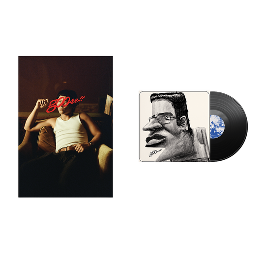 Vinyl record with cover featuring a stylized portrait 