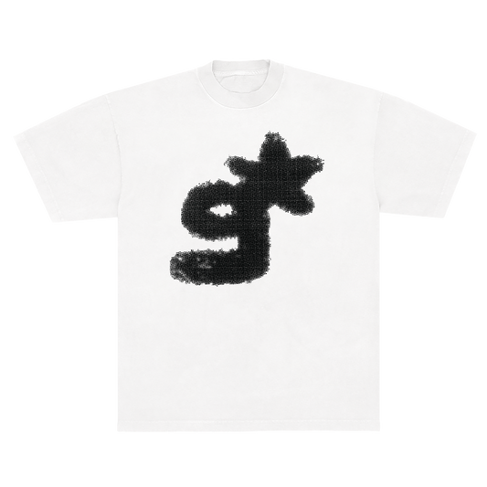 White t-shirt with a black graphic design 