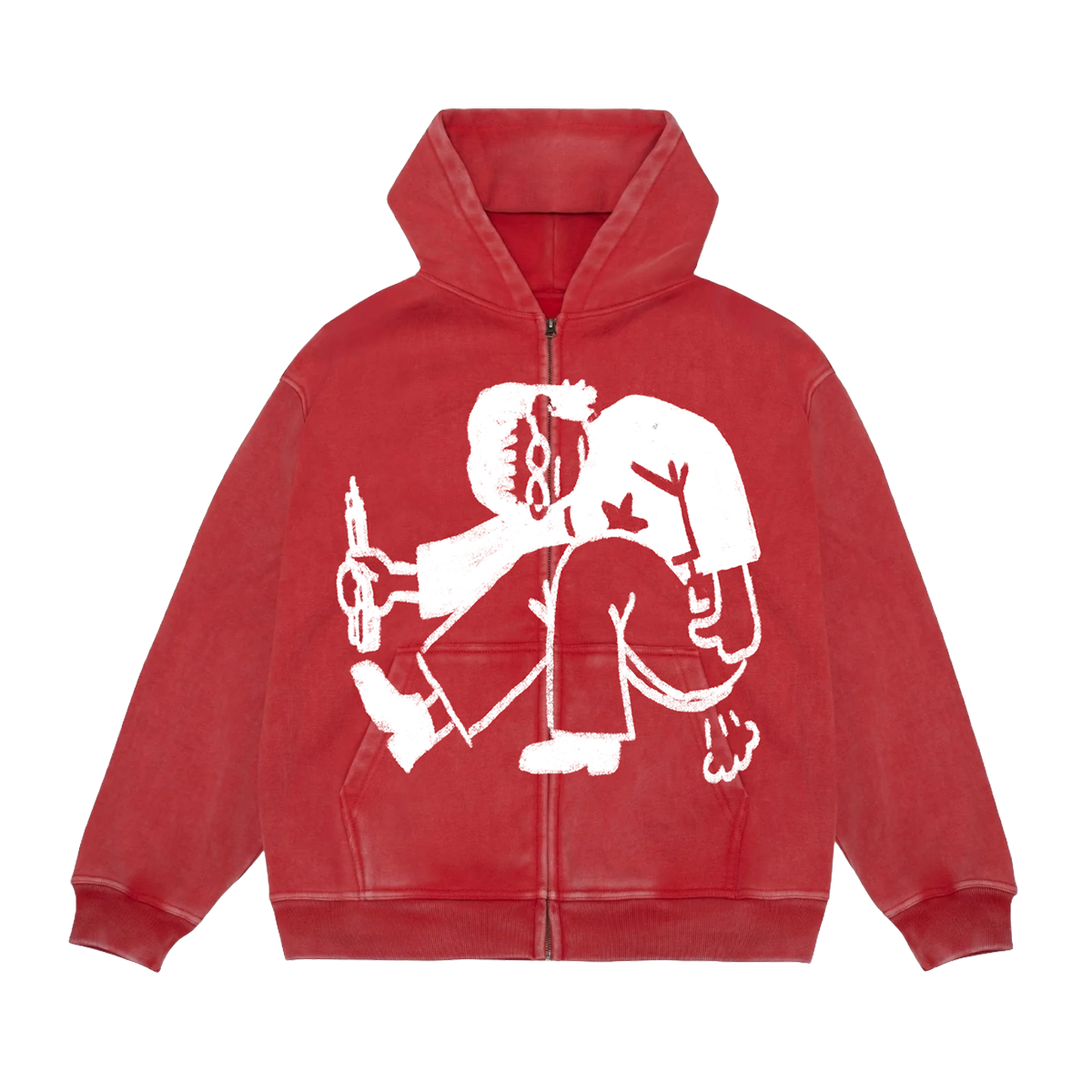 Red hoodie with white graphic design