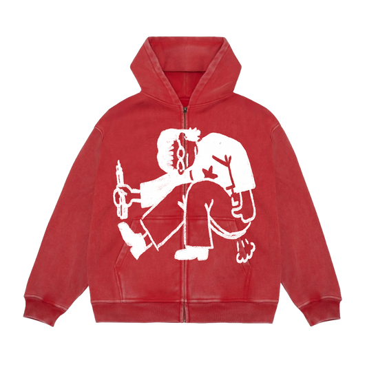 Red hoodie with white graphic design