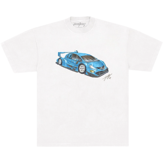 White t-shirt with a blue car graphic